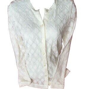 Rochelle California Vintage Women White Knit Button Front Crew Neck Cardigan Swe